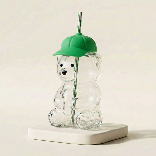 Bear Glass Cup with Lid, Straw & Accessories (Green) - 591ml