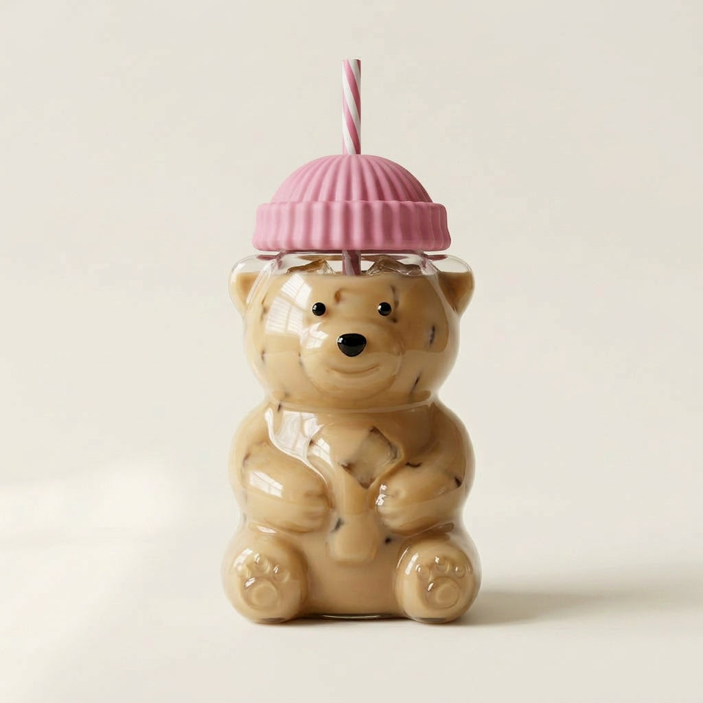 Bear Glass Cup with Lid, Straw & Accessories (Pink) - 591ml