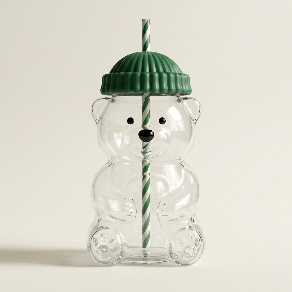 Bear Glass Cup with Lid & Straw (Green) - 591 ml