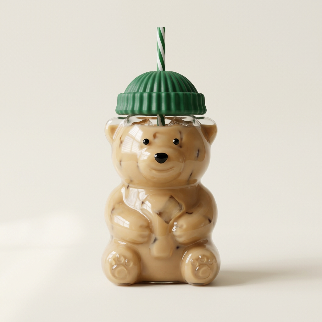 Bear Glass Cup with Lid & Straw (Green) - 591 ml