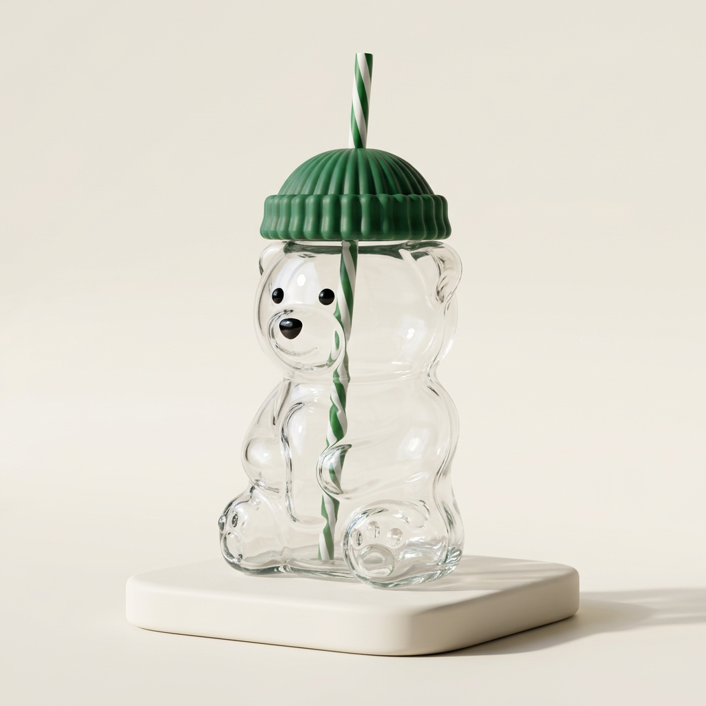 Bear Glass Cup with Lid & Straw (Green) - 591 ml