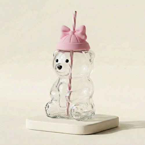 Bear Glass Cup with Lid, Straw & Accessories (Pink) - 591ml