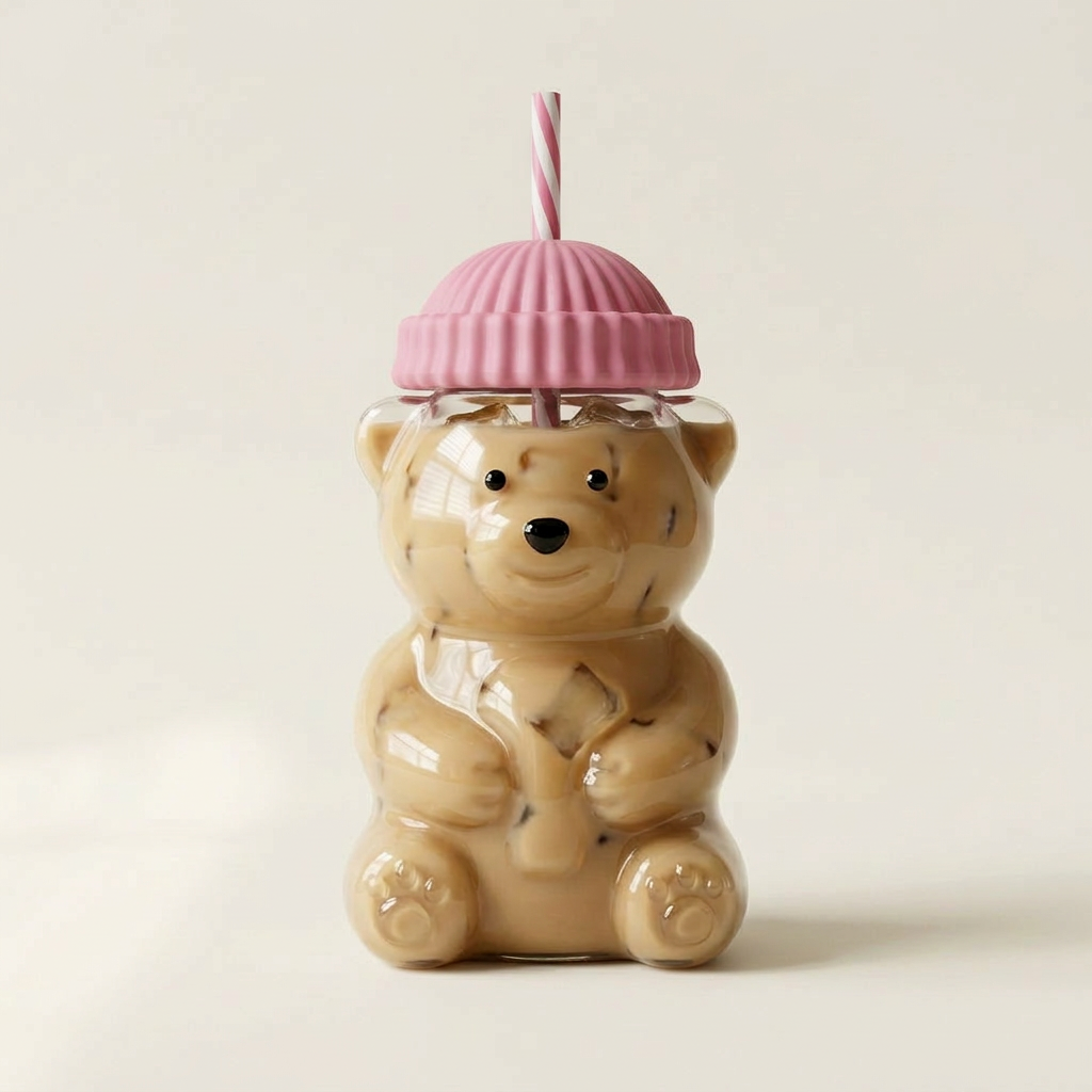 Bear Glass Cup with Lid & Straw (Pink) - 591 ml