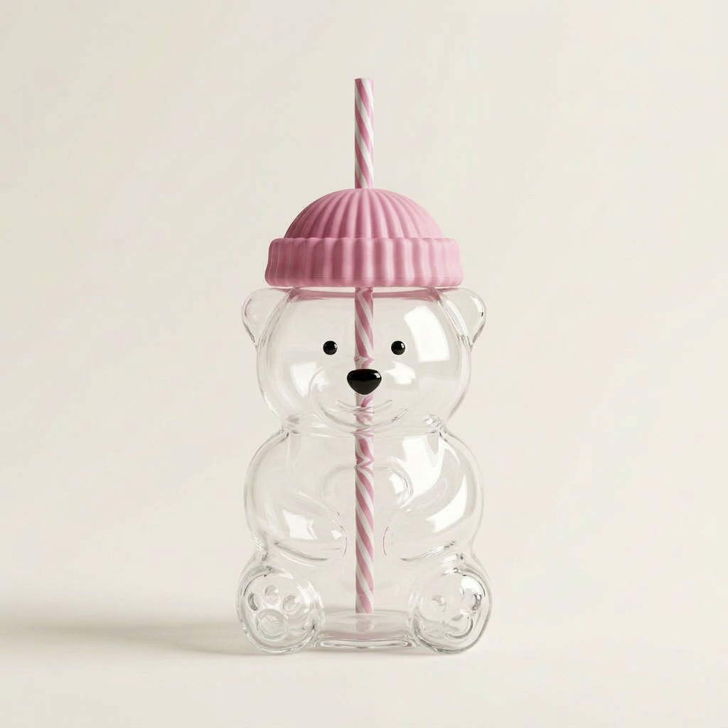 Bear Glass Cup with Lid & Straw (Pink) - 591 ml