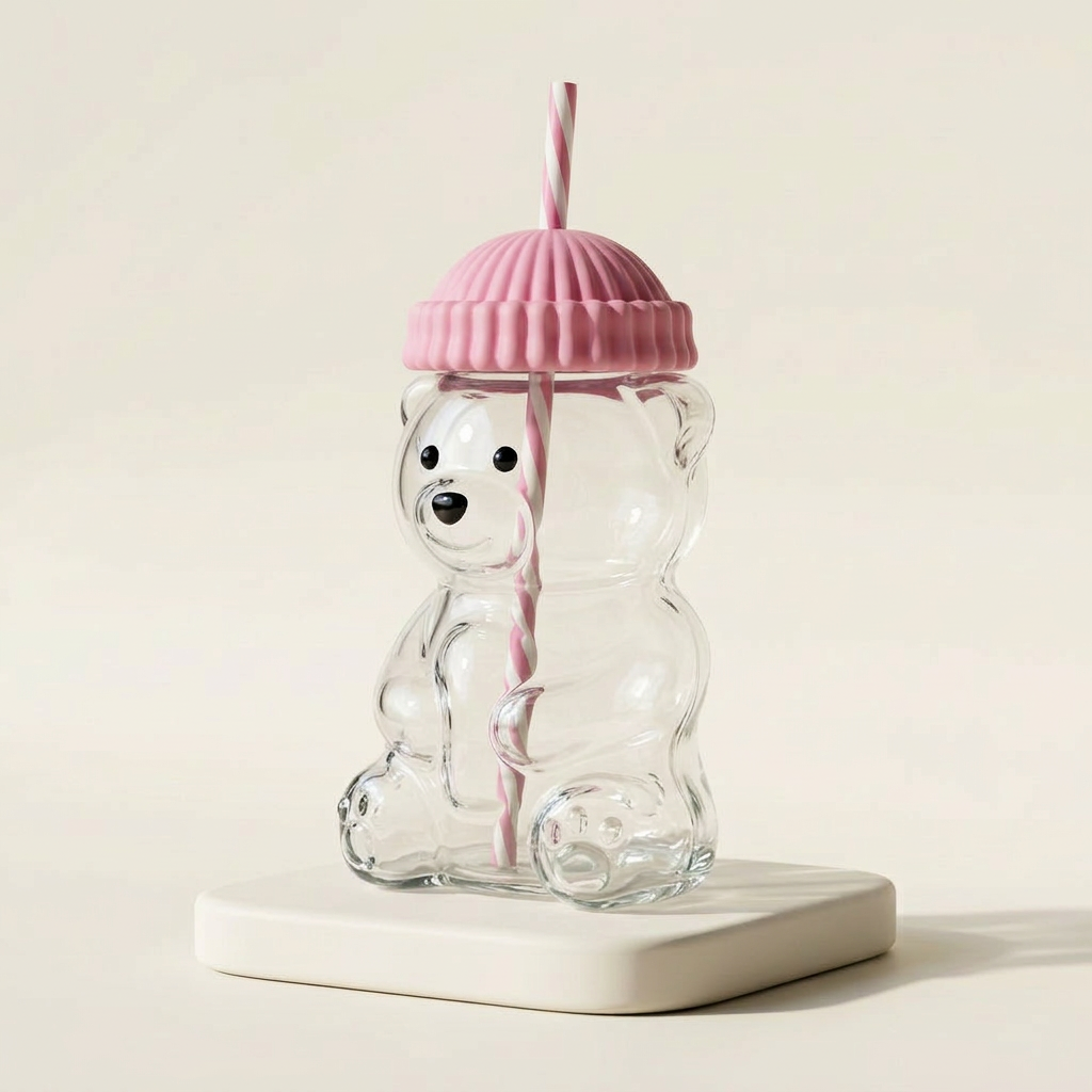 Bear Glass Cup with Lid & Straw (Pink) - 591 ml