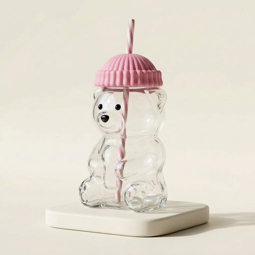 Bear Glass Cup with Lid & Straw (Pink) - 591 ml