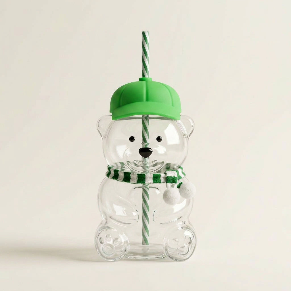 Bear Glass Cup with Lid, Straw & Accessories (Green) - 591ml