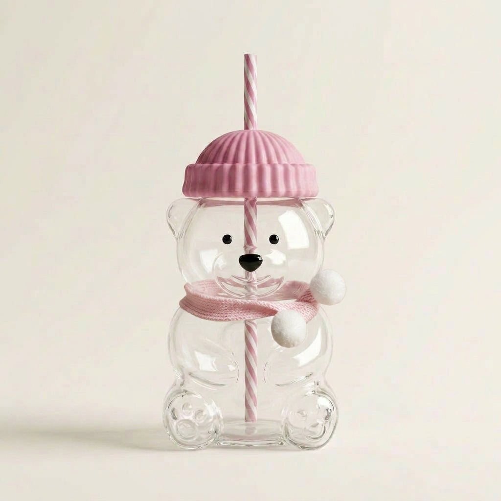 Bear Glass Cup with Lid, Straw & Accessories (Pink) - 591ml